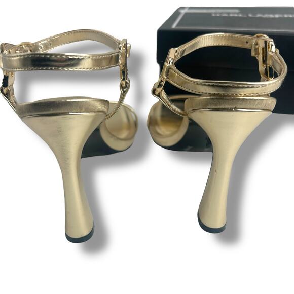 Karl Lagerfeld Gold Strappy Heels Size 8 Metallic Ankle Strap High Stiletto EUC - Picture 12 of 13